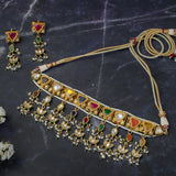 Saadgi Gold Plated Multicolored Womens Kundan, Polki Choker Necklace Set with Pair of Earrings (Freesize)