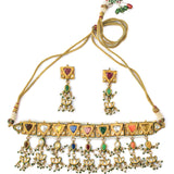 Saadgi Gold Plated Multicolored Womens Kundan, Polki Choker Necklace Set with Pair of Earrings (Freesize)