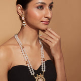 Gold Plated Beads With Pendant Long Necklace & Dangle Earrings Set