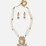 Gold Plated Beads With Pendant Long Necklace & Dangle Earrings Set