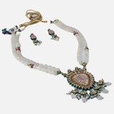 Gold Plated Beads With Pendant Long Necklace & Dangle Earrings Set