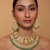 Gold Plated Kundan Polki Green Bead Drop Choker Necklace & Chaandbali Earrings Set