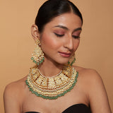 Gold Plated Kundan Polki Green Bead Drop Choker Necklace & Chaandbali Earrings Set