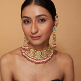 Gold Plated Kundan Polki Red Bead Drop Choker Necklace & Chaandbali Earrings Set