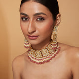 Gold Plated Kundan Polki Red Bead Drop Choker Necklace & Chaandbali Earrings Set