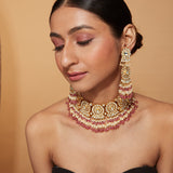 Gold Plated Kundan Polki Red Bead Drop Choker Necklace & Chaandbali Earrings Set