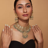 Gold Plated Kundan Polki Green Beads Bridal Choker Necklace & Jhumka Earrings Set