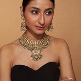 Gold Plated Kundan Polki Green Beads Bridal Choker Necklace & Jhumka Earrings Set