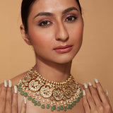 Gold Plated Kundan Polki Green Beads Bridal Choker Necklace