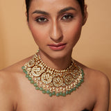 Gold Plated Kundan Polki Green Beads Bridal Choker Necklace