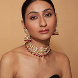 Gold Plated Kundan Studded Red Beads Choker Necklace & Jhumka Earring Set