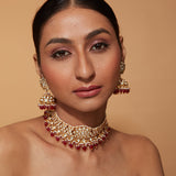 Gold Plated Kundan Studded Red Beads Choker Necklace & Jhumka Earring Set