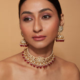 Gold Plated Kundan Studded Red Beads Choker Necklace & Jhumka Earring Set