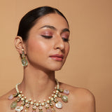 Rhodium Plated Pearls & Multi Colour Beads Necklace Dangle Earrings Set