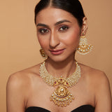 Gold Plated Beads Studded Temple Choker Necklace & Drop Earrings Set