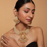 Gold Plated Beads Studded Temple Choker Necklace & Drop Earrings Set