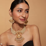 Gold Plated Beads Studded Temple Choker Necklace & Drop Earrings Set