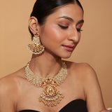 Gold Plated Beads Studded Temple Choker Necklace & Drop Earrings Set