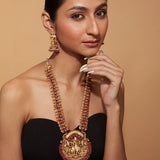Gold Plated Red Temple Long Necklace & Jhumka Earring Set