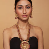 Gold Plated Red Temple Long Necklace & Jhumka Earring Set