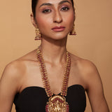 Gold Plated Red Temple Long Necklace & Jhumka Earring Set