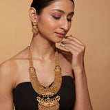 Gold Plated Temple Long Necklace & Jhumka Earring Set