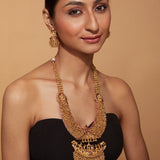 Gold Plated Temple Long Necklace & Jhumka Earring Set