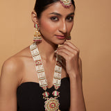 Gold Plated Beaded & Kundan Long Necklace & Jhumka Earrings Set