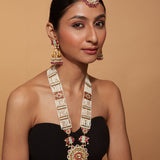 Gold Plated Beaded & Kundan Long Necklace & Jhumka Earrings Set