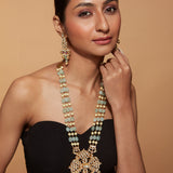 Gold Plated Kundan Studded Beads Long Necklace & Dangle Earrings Set