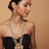 Gold Plated Kundan Studded Beads Long Necklace & Dangle Earrings Set