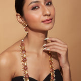 Gold Plated Floral With Animal Design Long Necklace & Dangle Earring Set