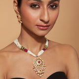 Gold Plated Kundan Studded With Beads Necklace & Earrings Set