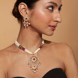 Gold Plated Kundan Studded With Beads Necklace & Earrings Set