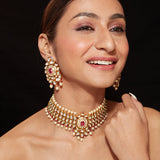 Aatman Gold Plated Red Womens Kundan Polki Necklace Set with Pair of earrings