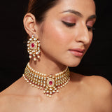 Gold Plated Kundan Studded With Pearl Choker Necklace & Dangle Earrings Set