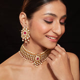 Aatman Gold Plated Red Womens Kundan Polki Necklace Set with Pair of earrings