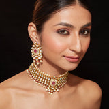 Gold Plated Kundan Studded With Pearl Choker Necklace & Dangle Earrings Set