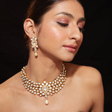 Gold Plated Kundan Polki Studded Choker Necklace & Dangle Earrings Set