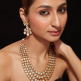 Gold Plated Kundan Studded Multi Layered Necklace & Dangle Earrings Set