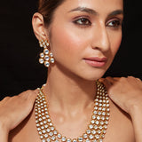 Gold Plated Kundan Studded Multi Layered Necklace & Dangle Earrings Set