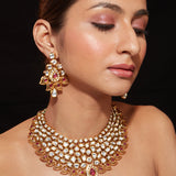 Gold Plated Kundan Studded With Gold Metal Drop Choker Necklace & Dangle Earrings Set