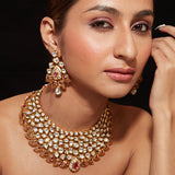 Gold Plated Kundan Studded With Gold Metal Drop Choker Necklace & Dangle Earrings Set