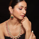 Gold Plated Multi Colour Enamelled Long Necklace & Jhumka Earring Set