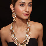 Gold Plated Kundan Polki Long Necklace & Dangle Earrings Set