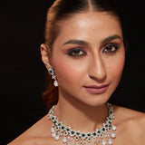 Rhodium Plated Synthetic Emerald With Pearl Drop Choker Necklace & Dangle Earrings Set