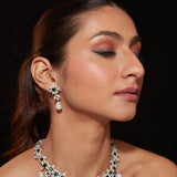 Rhodium Plated Synthetic Emerald With Pearl Drop Choker Necklace & Dangle Earrings Set