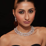 Rhodium Plated Zircon Studded Double Layered Choker Necklace & Dangle Earrings Set