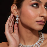 Rhodium Plated Zircon Studded Double Layered Choker Necklace & Dangle Earrings Set