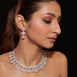 Rhodium Plated Zircon Studded Double Layered Choker Necklace & Dangle Earrings Set